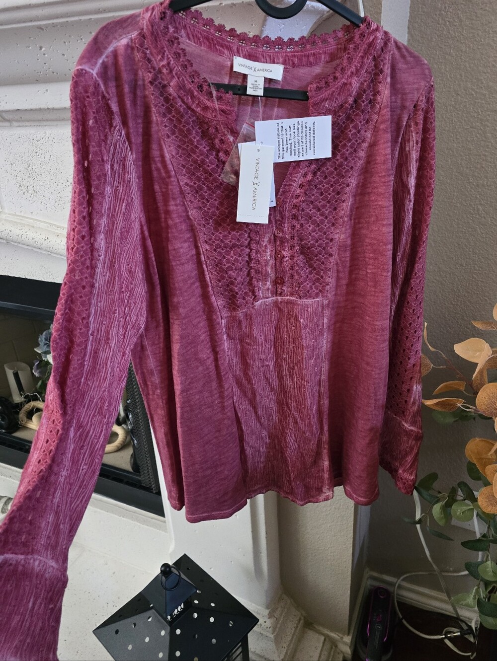 Vintage America Rose Velvet Lace-Trim Long Sleeve Blouse Sz.M